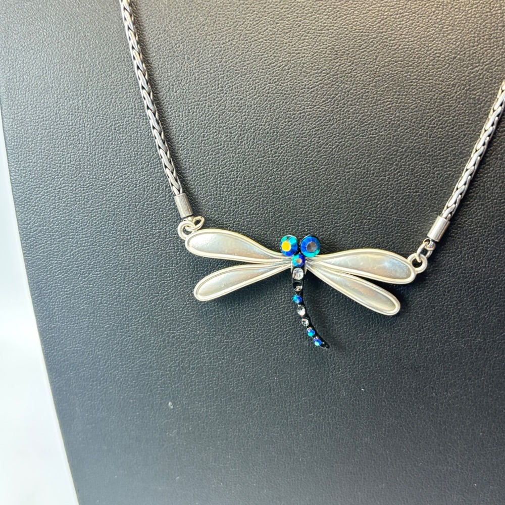 Dragonfly Necklace Silver Blue Crystal Boho Statement Whimsygoth